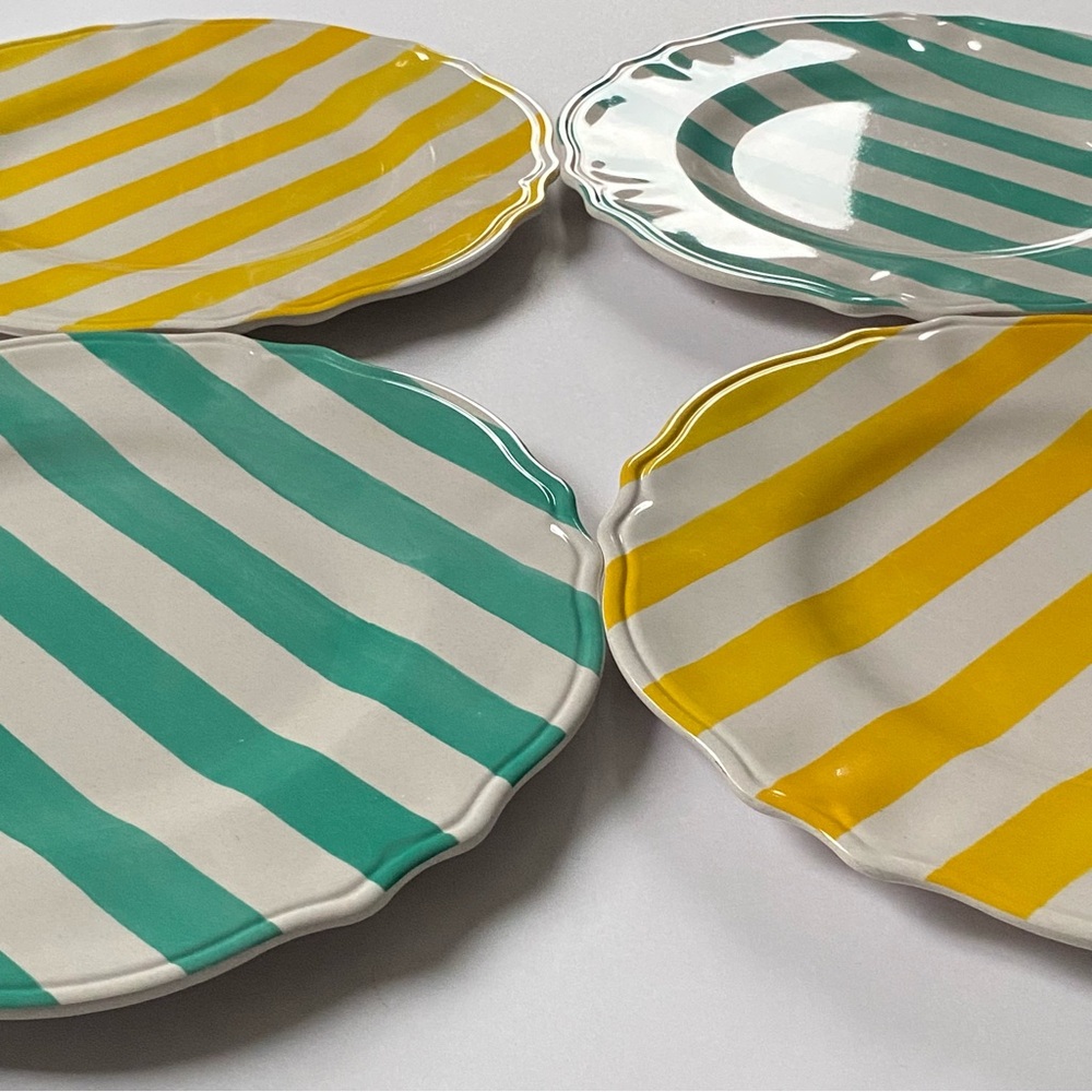 Melamine Dinner Plates 11” Set Of 4 Jai Wei green yellow and white striped EUC - Picture 5 of 16